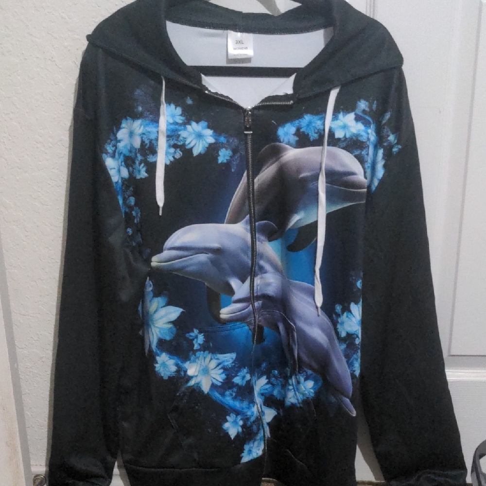 Women's Plus Size Dolphin Black & Blue Lightweight Zip Up Hooded Jacket. Size 3X